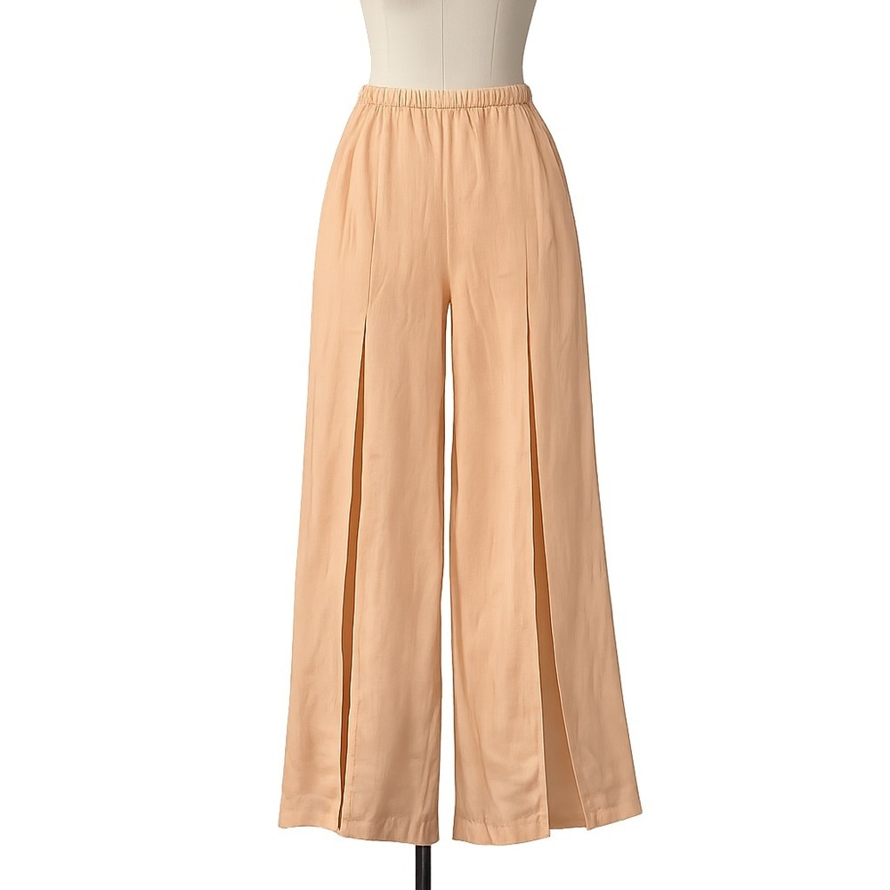 Womens L Linen Blend Split Leg Palazzo Pants Peach Coastal Boho Lagenlook Resort